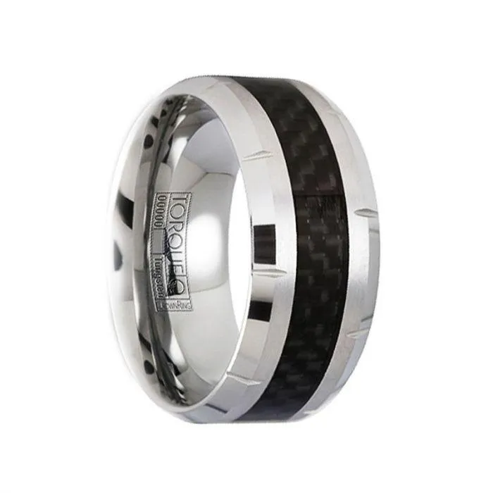 ENNIUS Polished Tungsten Carbide Wedding Ring with Carbon Fiber Inlay & Cut Motif - 10mm