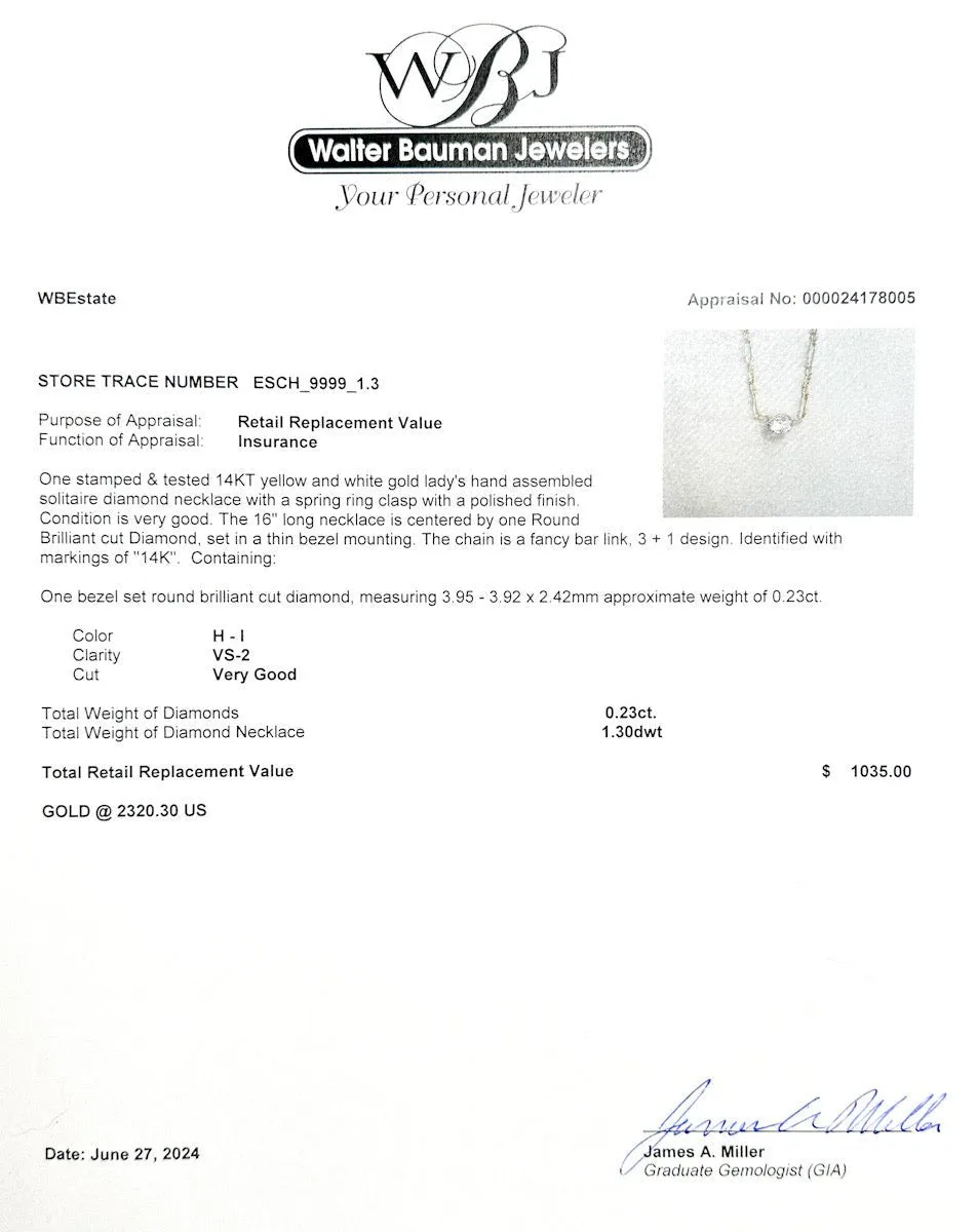 Estate 14K TT Gold 0.23ct H-I/VS2 Diamond Necklace