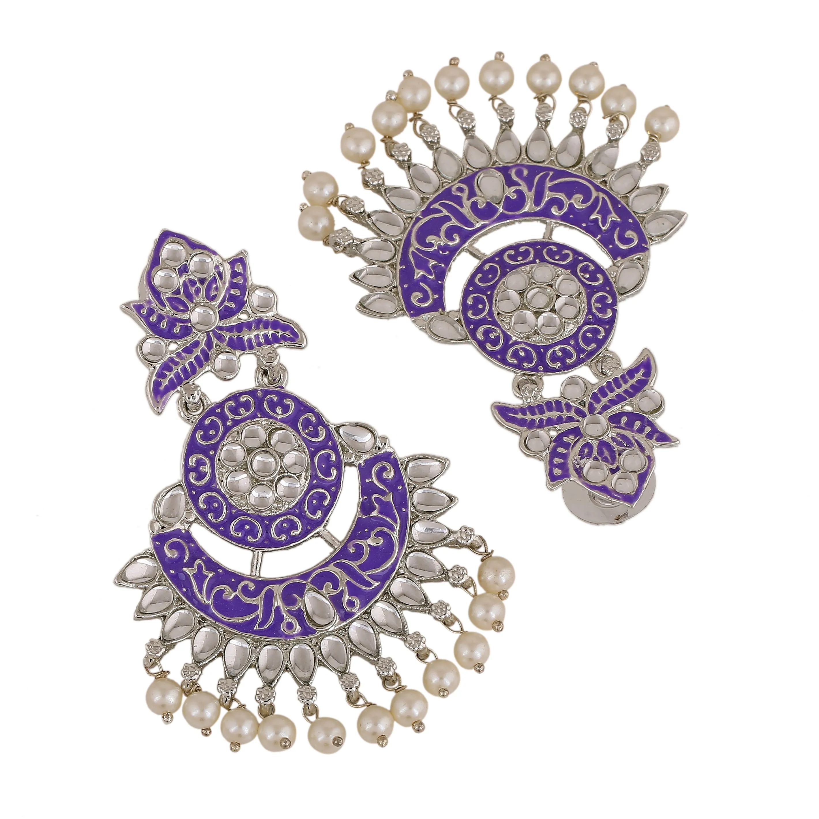 Estele Rhodium Plated Magnificent Traditional Violet Meenakari Drop Earrings with Pearl for Women
