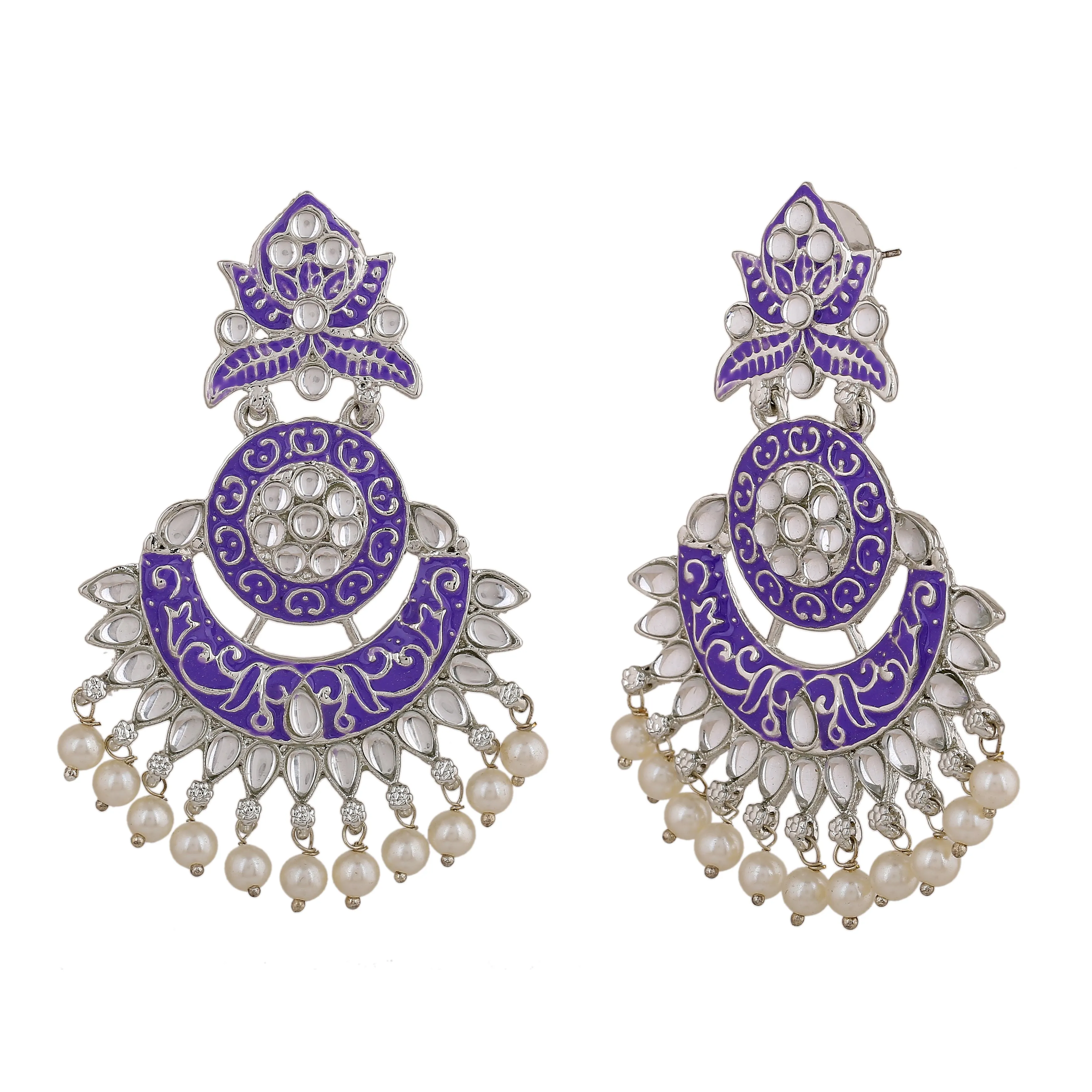 Estele Rhodium Plated Magnificent Traditional Violet Meenakari Drop Earrings with Pearl for Women