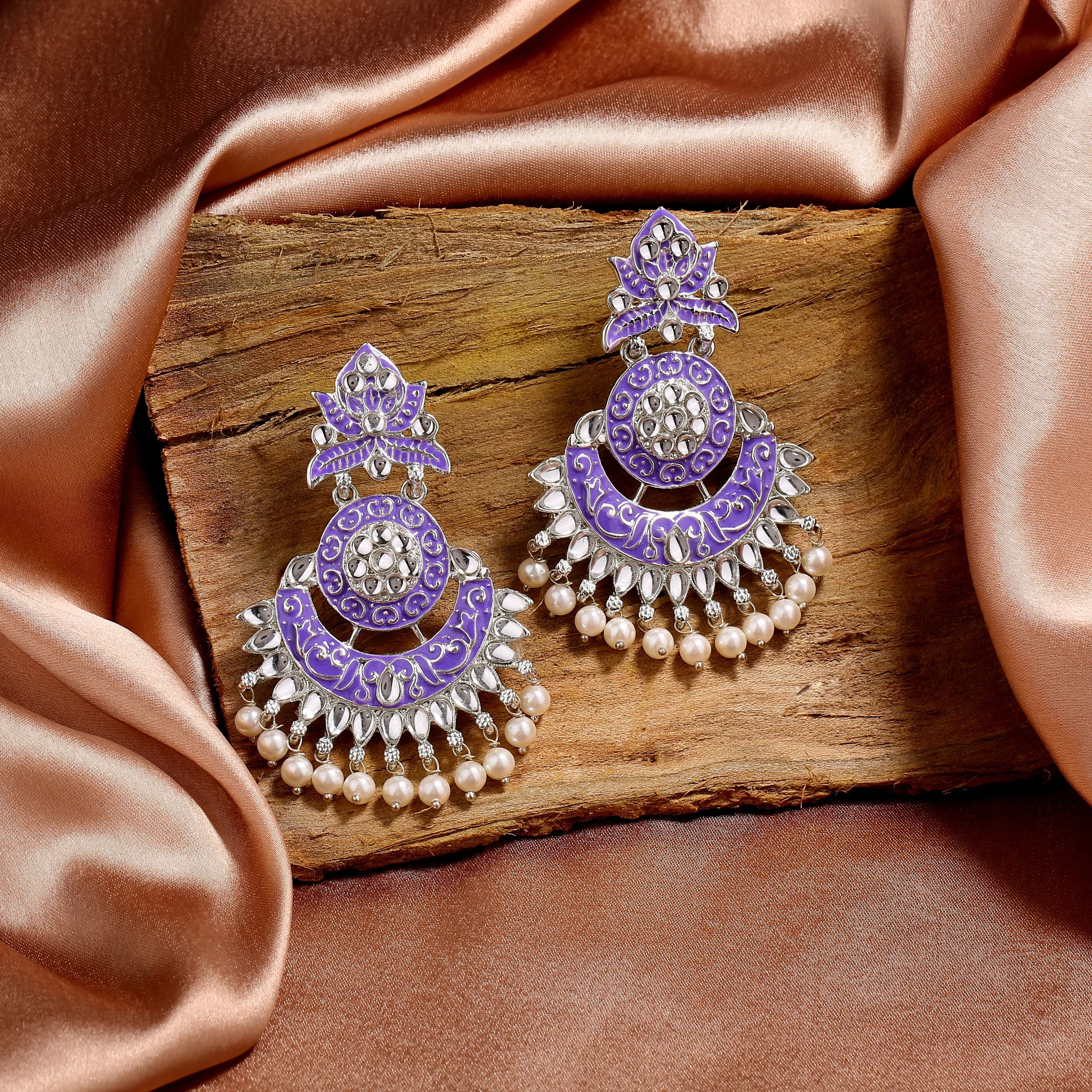 Estele Rhodium Plated Magnificent Traditional Violet Meenakari Drop Earrings with Pearl for Women