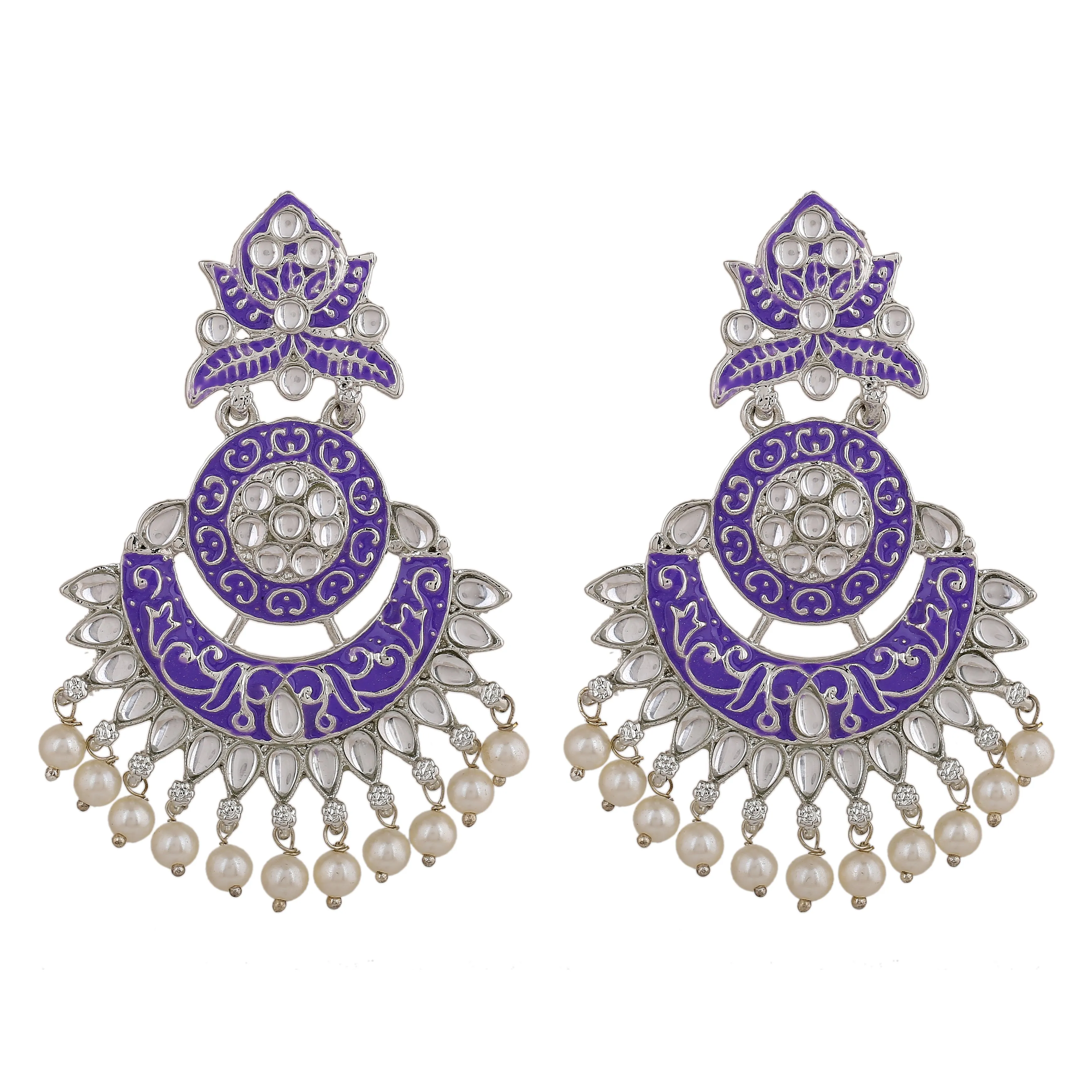 Estele Rhodium Plated Magnificent Traditional Violet Meenakari Drop Earrings with Pearl for Women