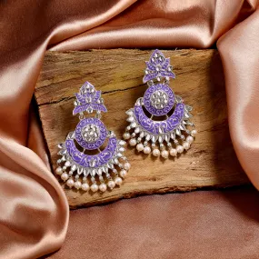 Estele Rhodium Plated Magnificent Traditional Violet Meenakari Drop Earrings with Pearl for Women