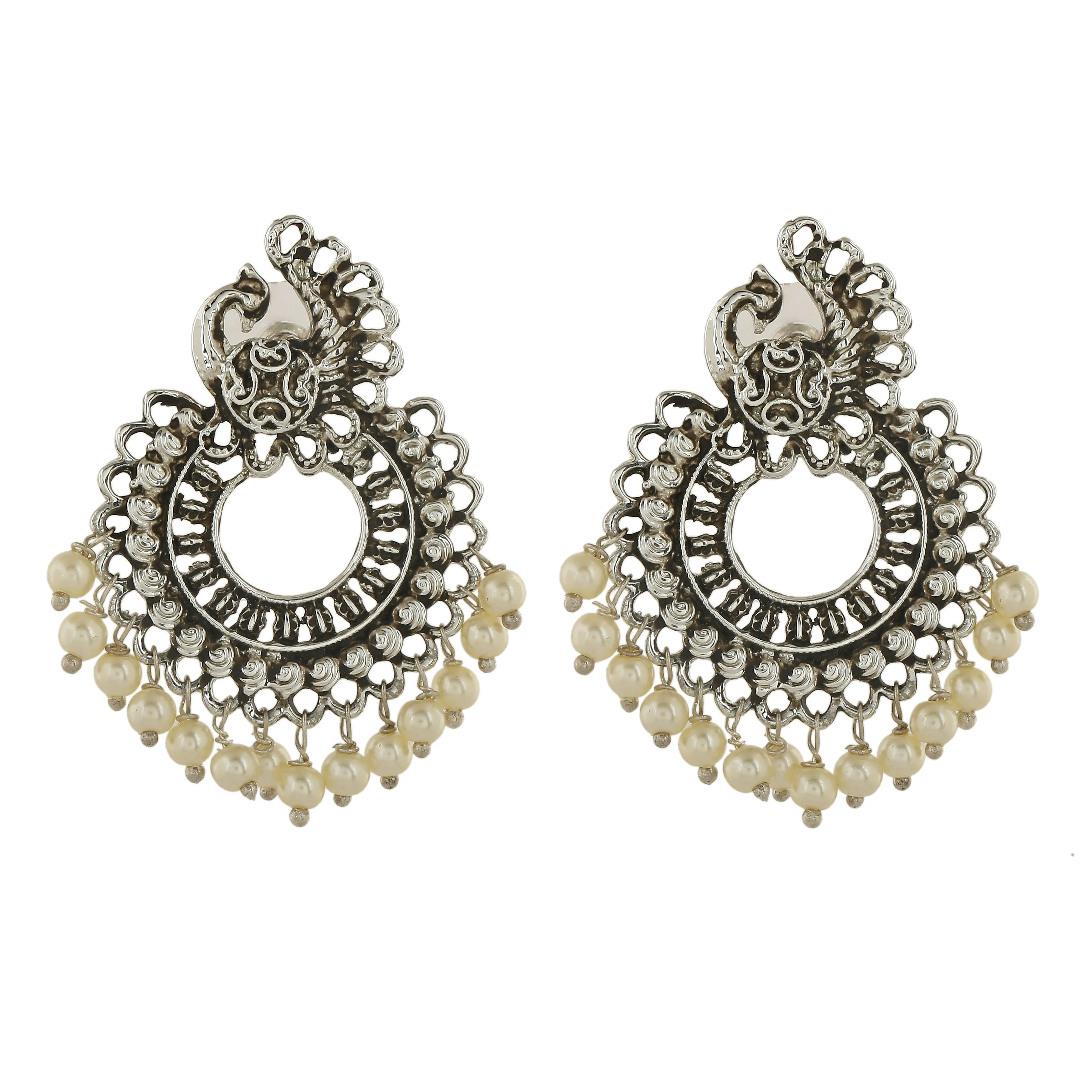 Estele Rhodium Plated Oxidised Gorgeous Peacock Designer Earrings with Pearl for Women
