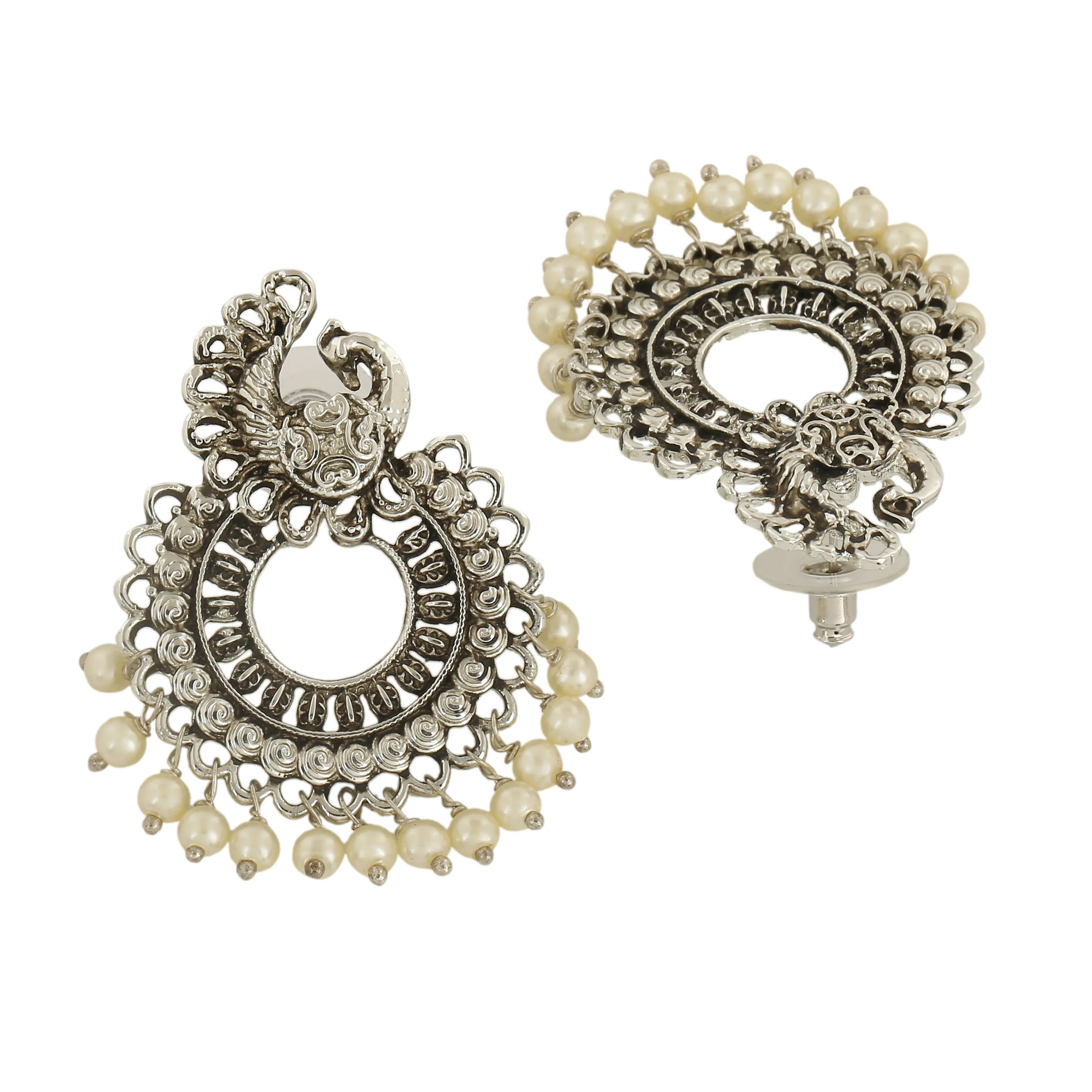 Estele Rhodium Plated Oxidised Gorgeous Peacock Designer Earrings with Pearl for Women