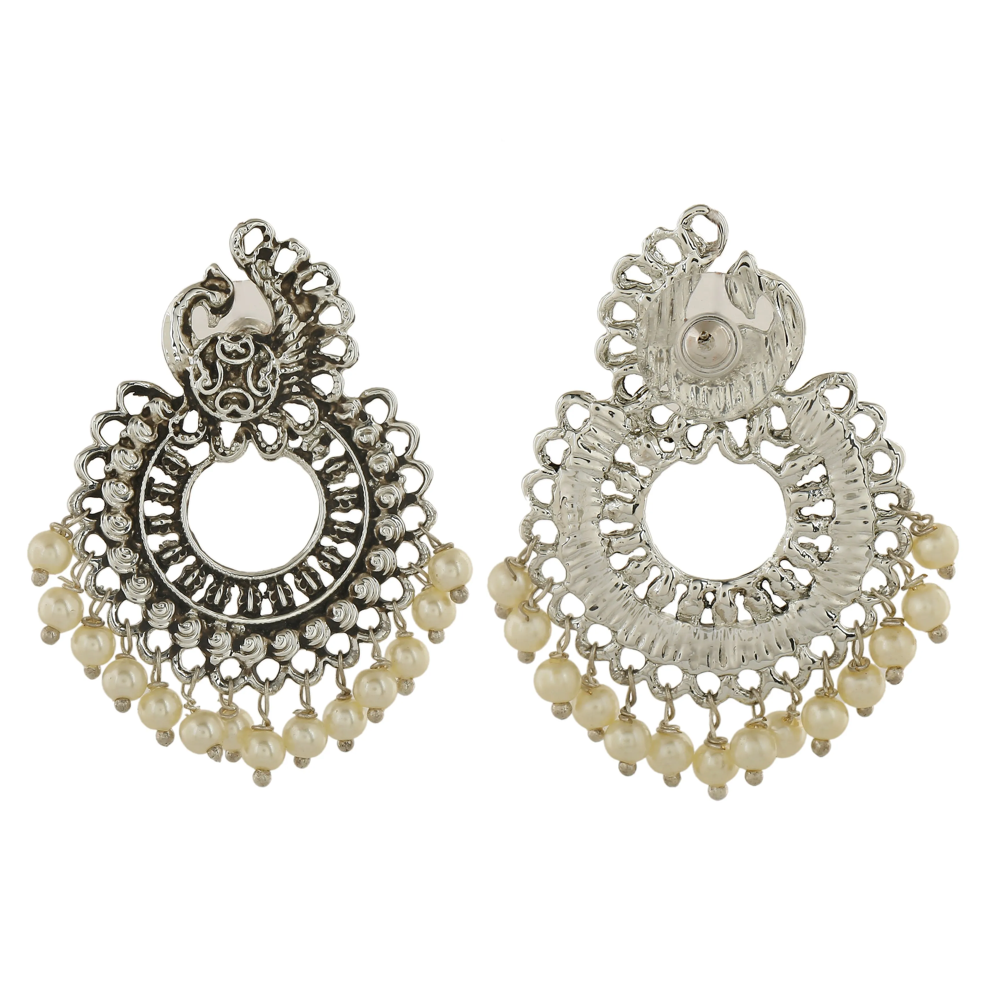 Estele Rhodium Plated Oxidised Gorgeous Peacock Designer Earrings with Pearl for Women