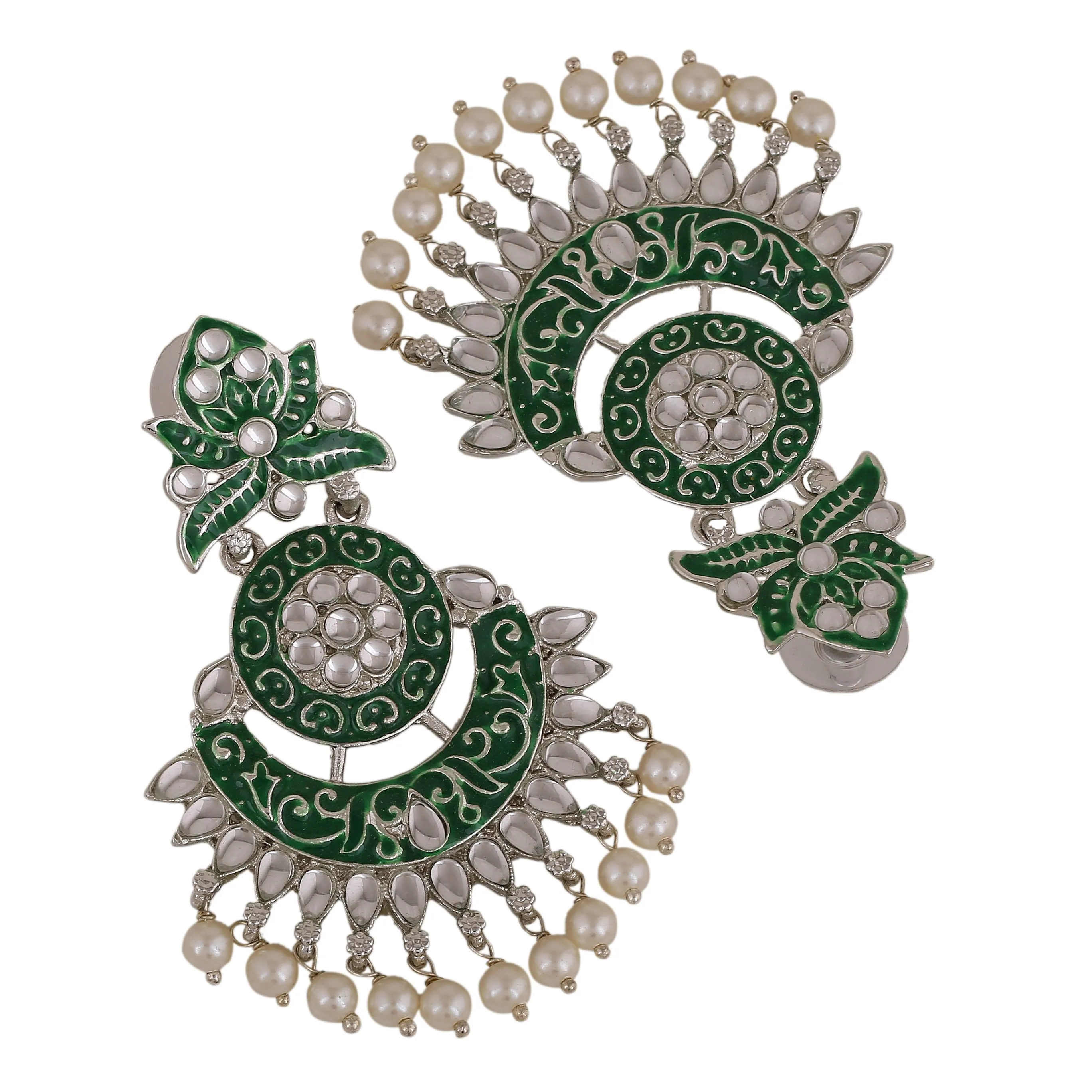 Estele Rhodium Plated Stunning Traditional Green meenakari Drop Earrings with Pearl for Women