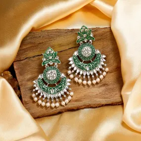Estele Rhodium Plated Stunning Traditional Green meenakari Drop Earrings with Pearl for Women