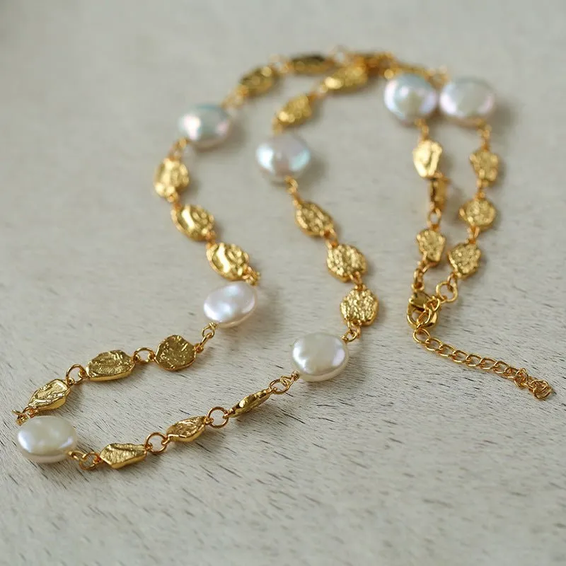 Gold Coin Lava Button Baroque Pearl Necklace
