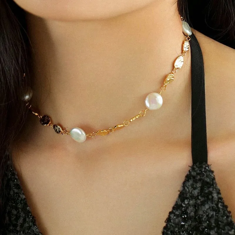 Gold Coin Lava Button Baroque Pearl Necklace