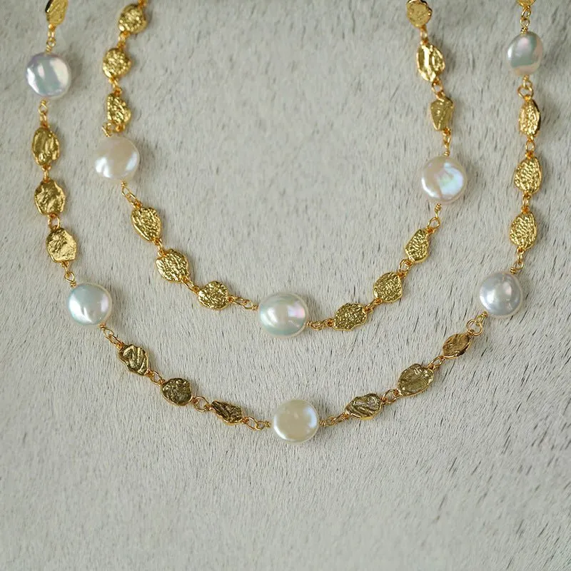 Gold Coin Lava Button Baroque Pearl Necklace