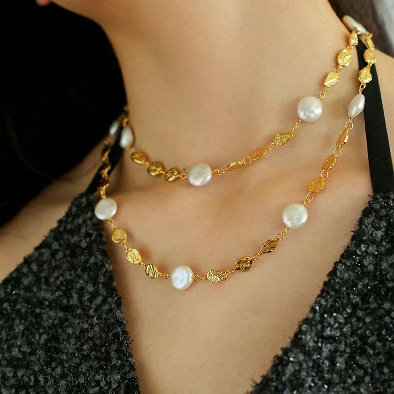 Gold Coin Lava Button Baroque Pearl Necklace