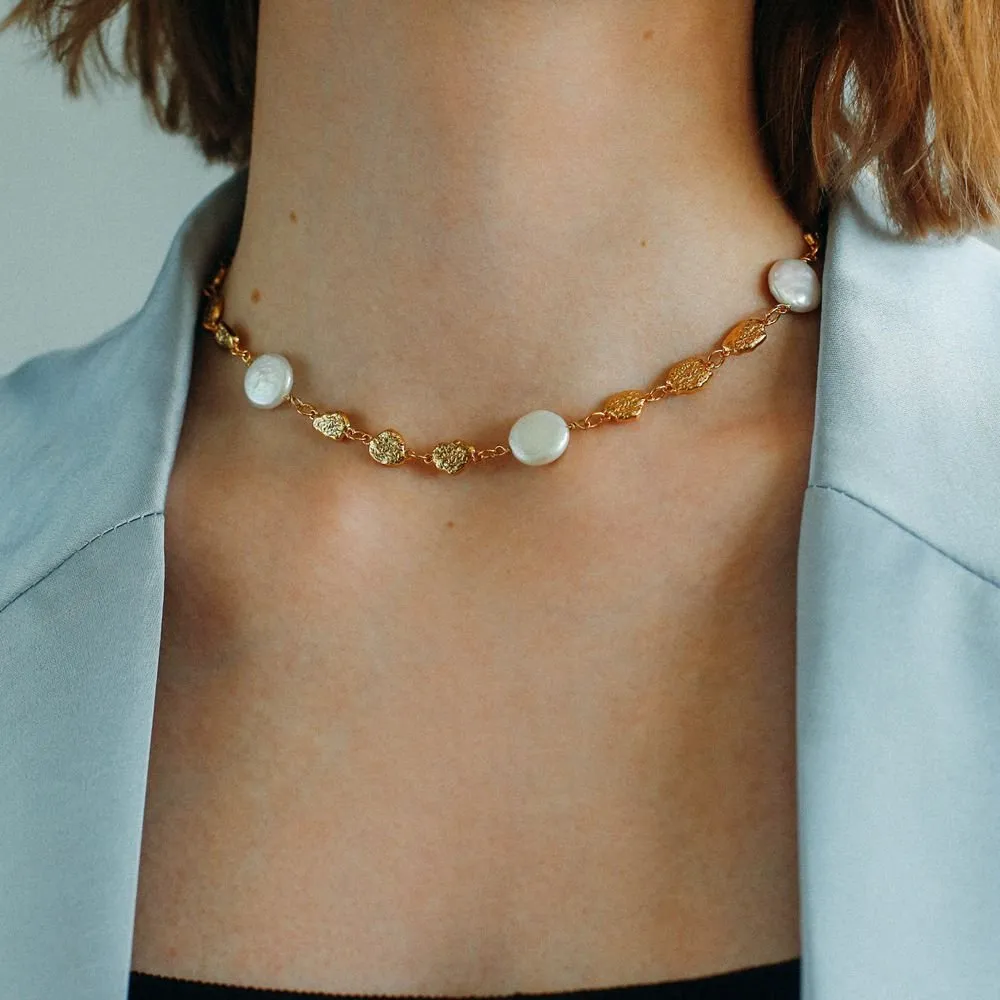 Gold Coin Lava Button Baroque Pearl Necklace