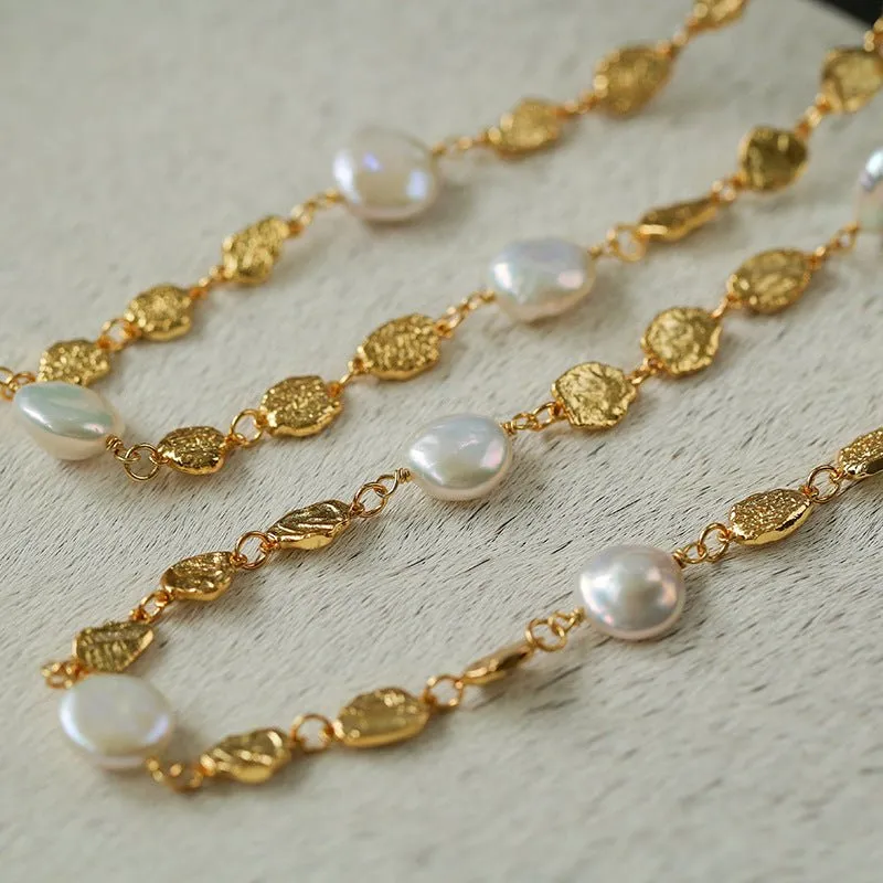 Gold Coin Lava Button Baroque Pearl Necklace