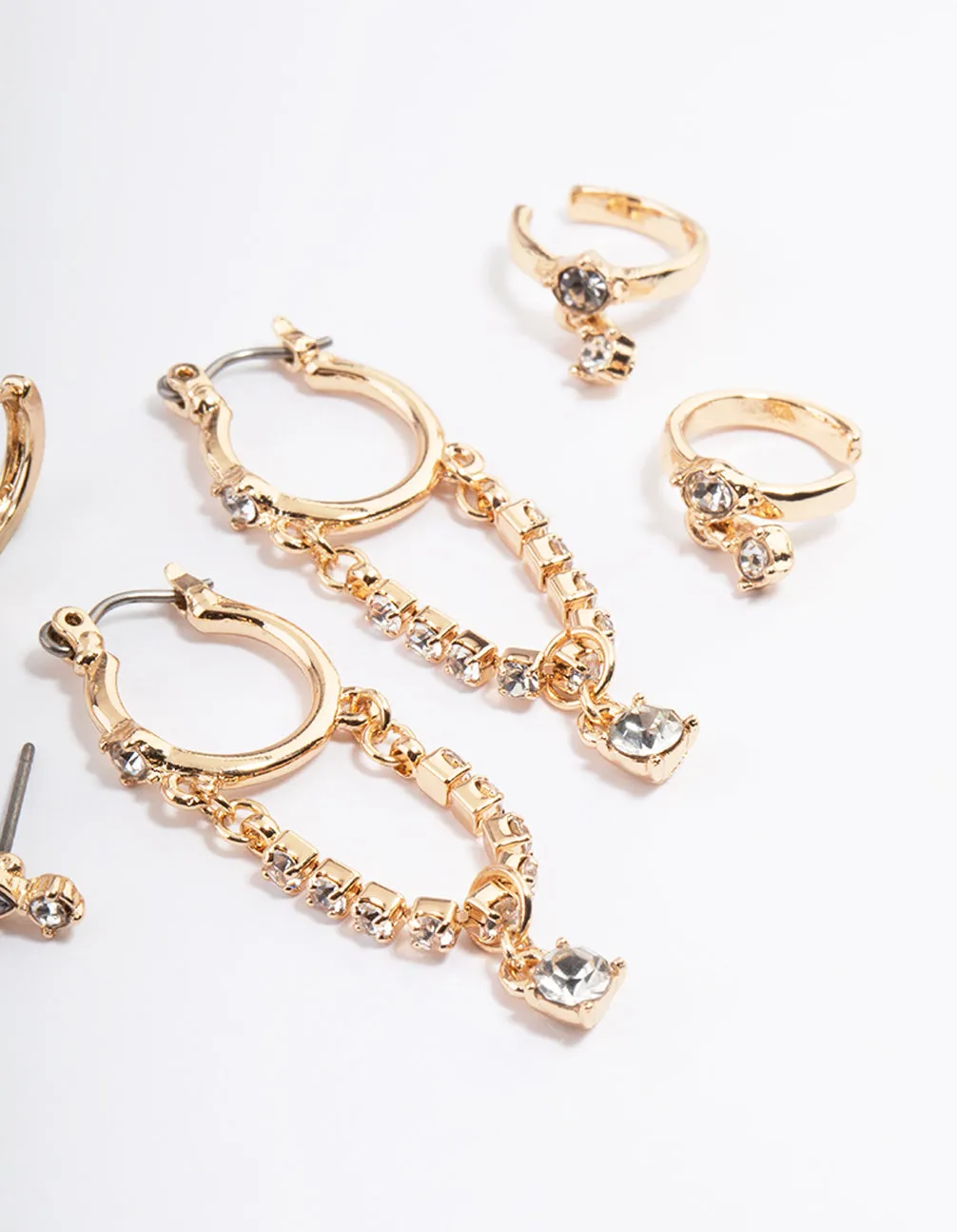 Gold Diamante Chain Drop Hoop Earrings 4-Pack