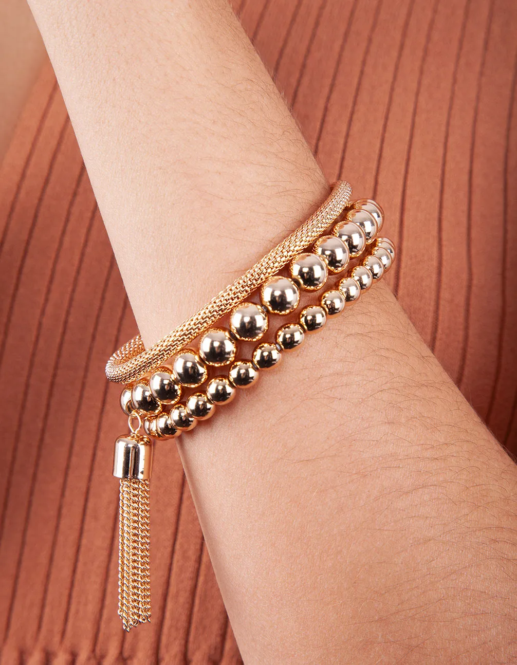 Gold Facet Bead Mesh Bracelet Set