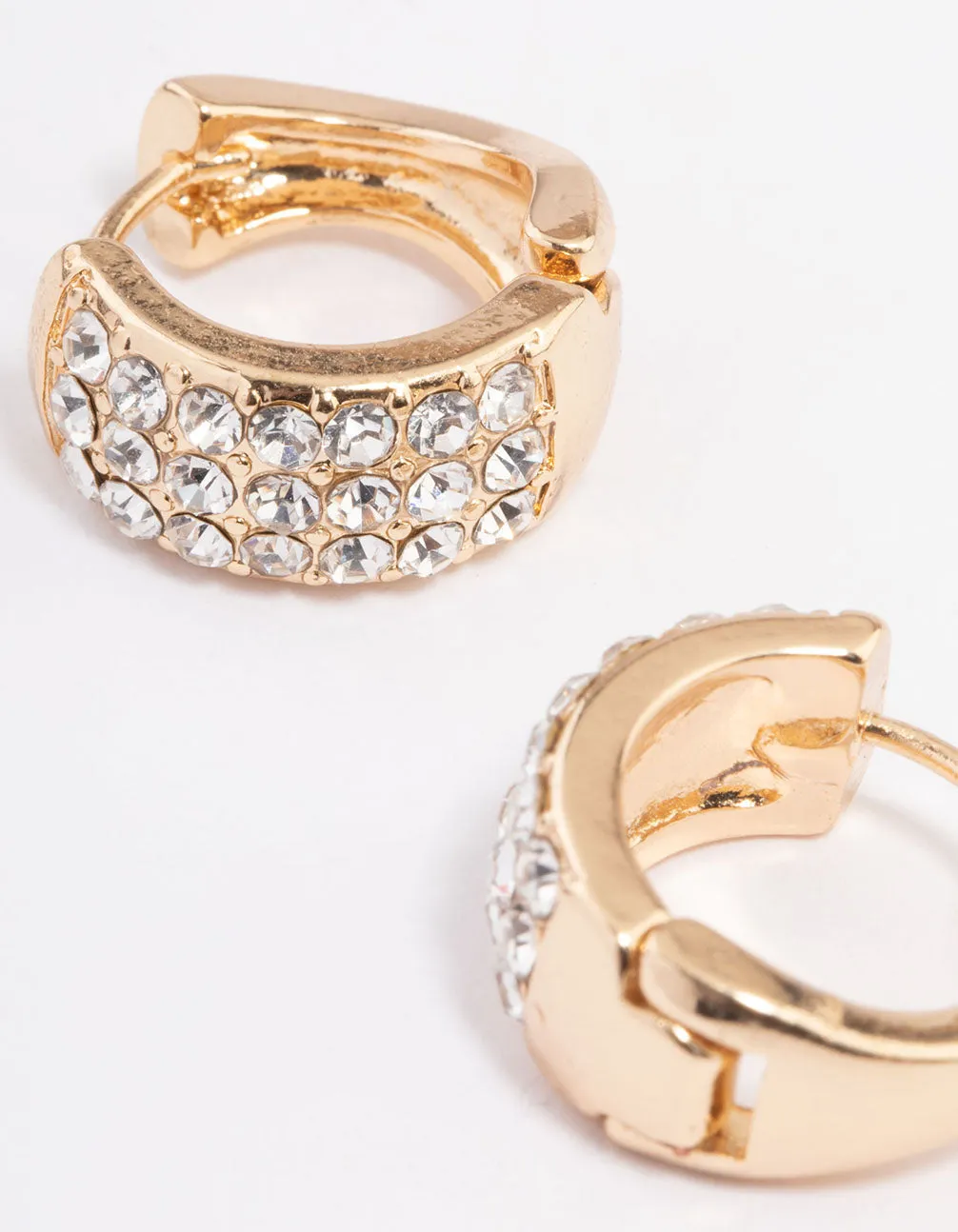 Gold Triple Row Diamante Small Huggie Earrings