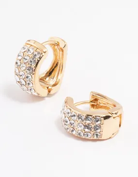 Gold Triple Row Diamante Small Huggie Earrings
