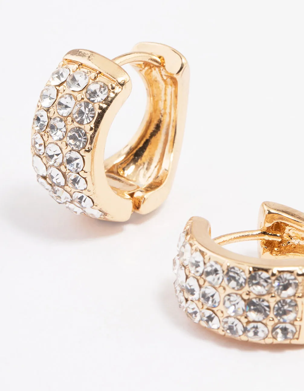 Gold Triple Row Diamante Small Huggie Earrings