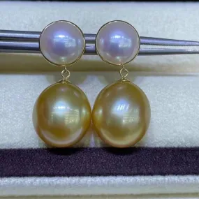 Golden South Sea Pearl Drop Mabe Pearl Earrings 18K Pure Gold
