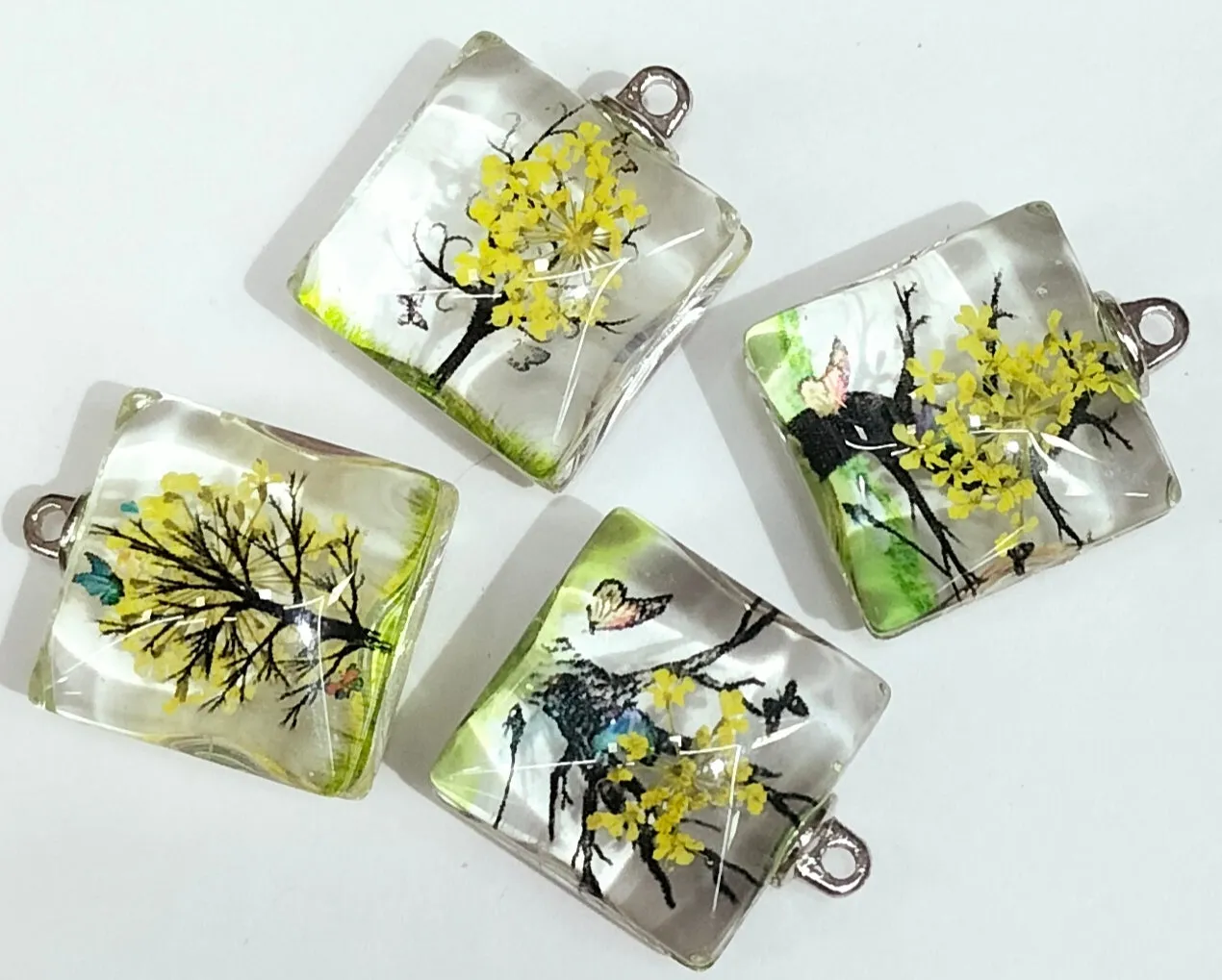 Green & Yellow Square Tree Design Resin Pendants