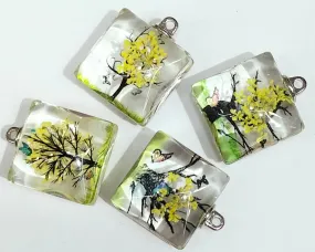 Green & Yellow Square Tree Design Resin Pendants