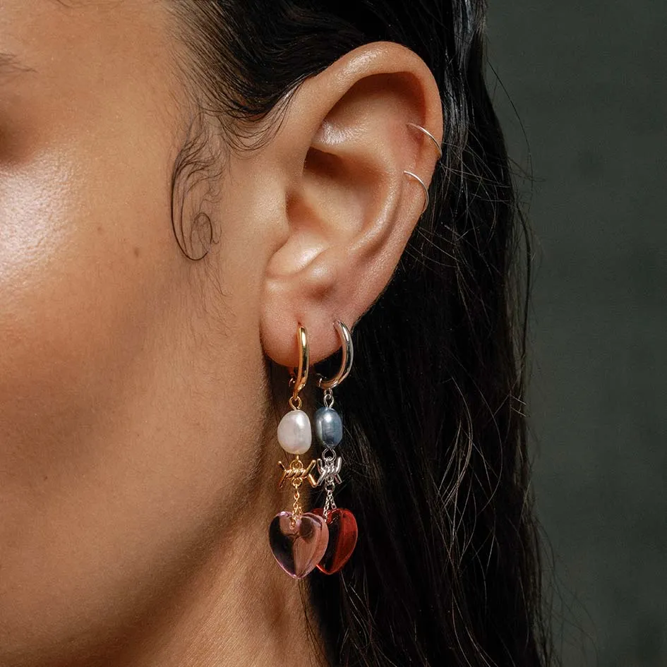 HEART OF STONE. Heart & Pearl Hoop Earrings - Silver