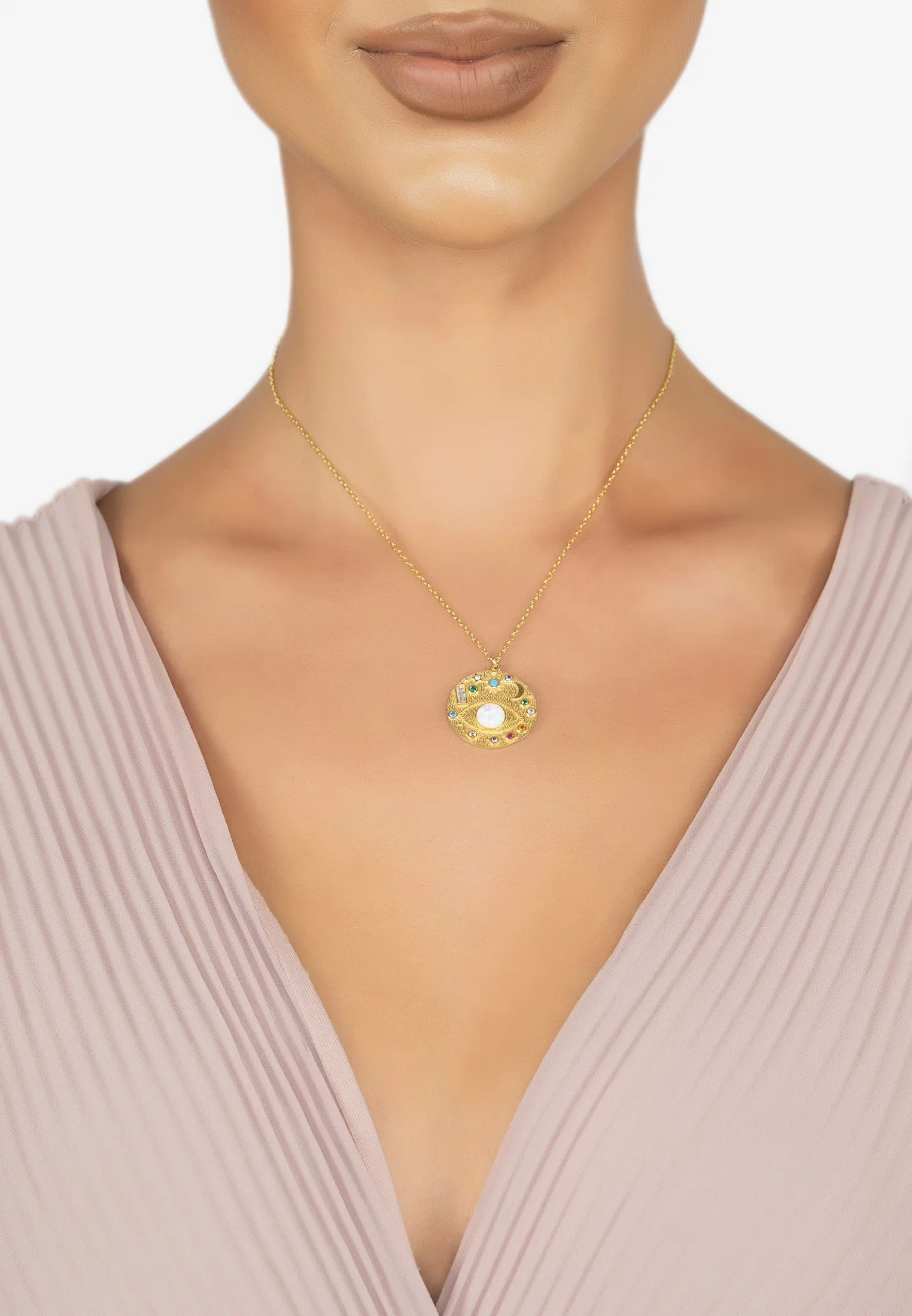 Interstellar Planetary Gemstone Pendant Necklace Gold
