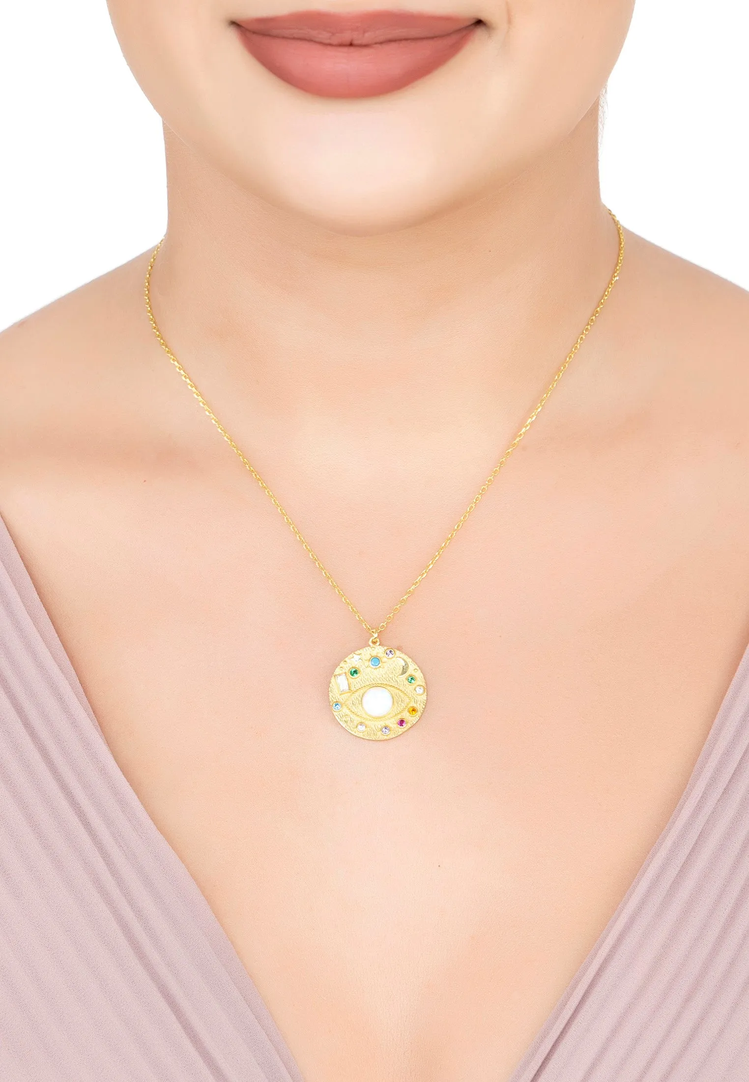 Interstellar Planetary Gemstone Pendant Necklace Gold