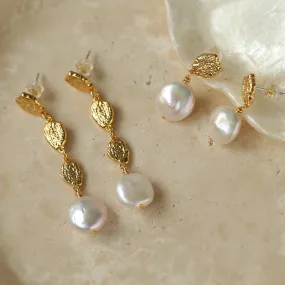 Irregular Gold Coin & Pearl Drop Earrings