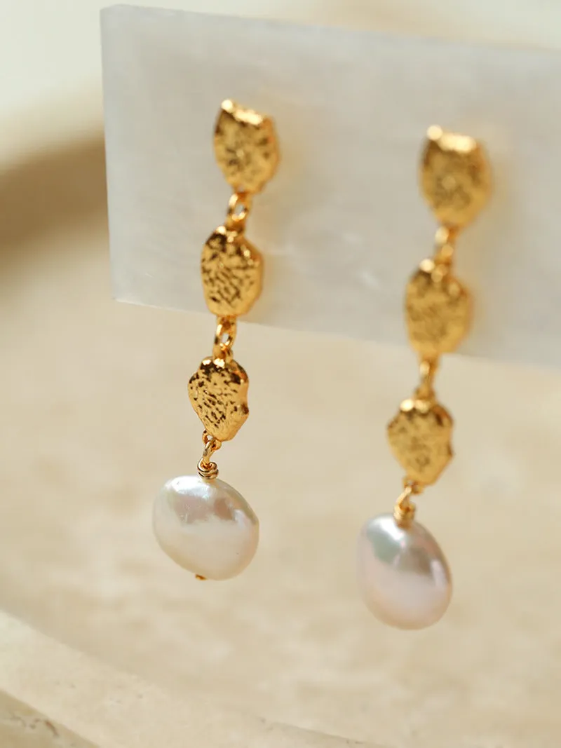 Irregular Gold Coin & Pearl Drop Earrings