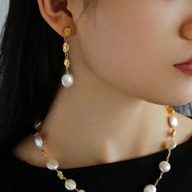 Irregular Gold Coin & Pearl Drop Earrings
