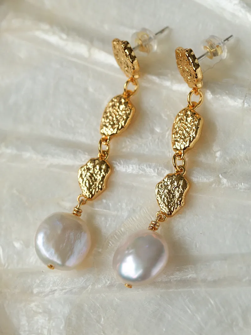 Irregular Gold Coin & Pearl Drop Earrings