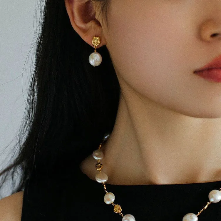 Irregular Gold Coin & Pearl Drop Earrings