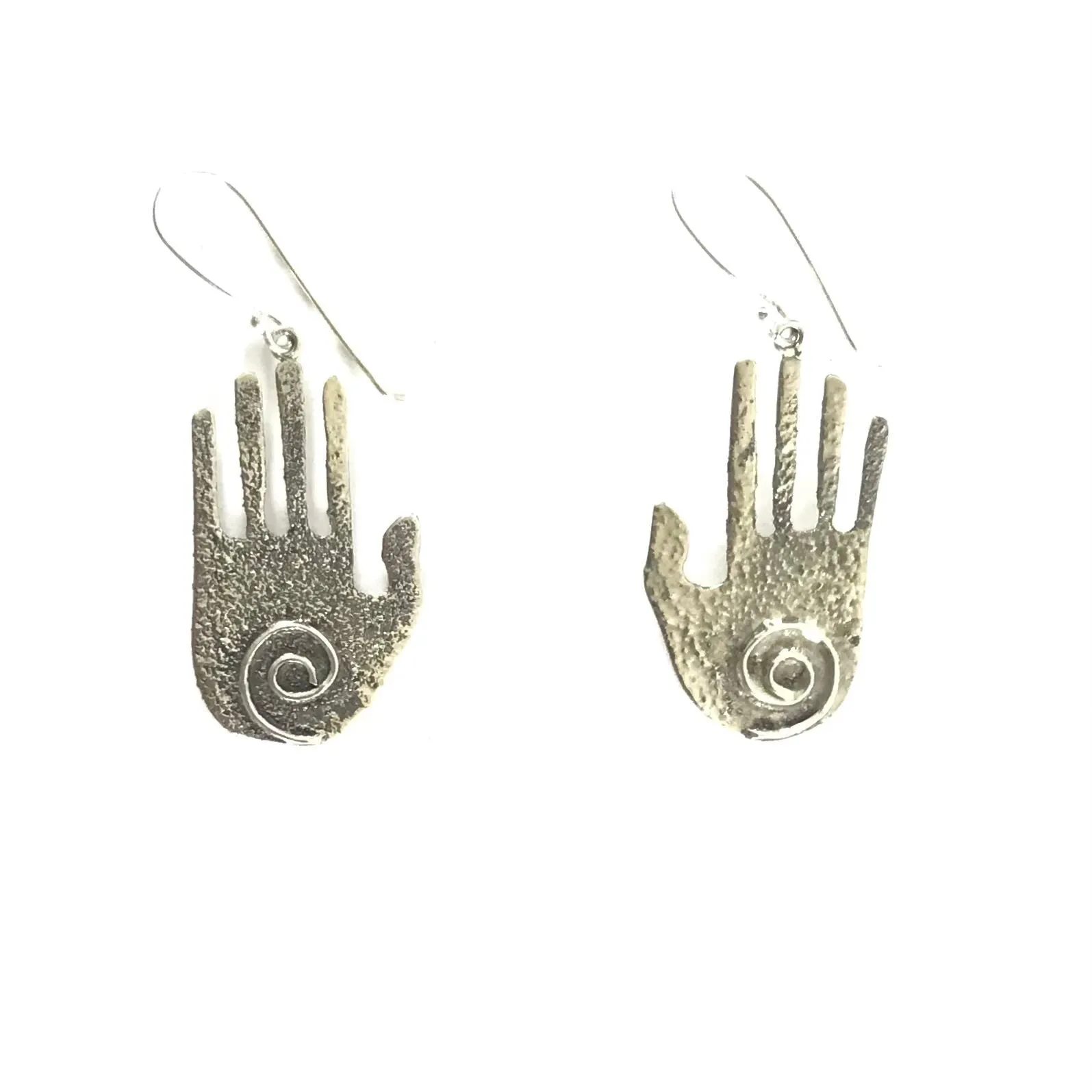 John and Mary Aquilar Sterling Silver Cast Hand Cutout Earrings