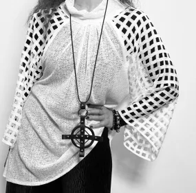 Juliette Top - White knit with mesh sleeve