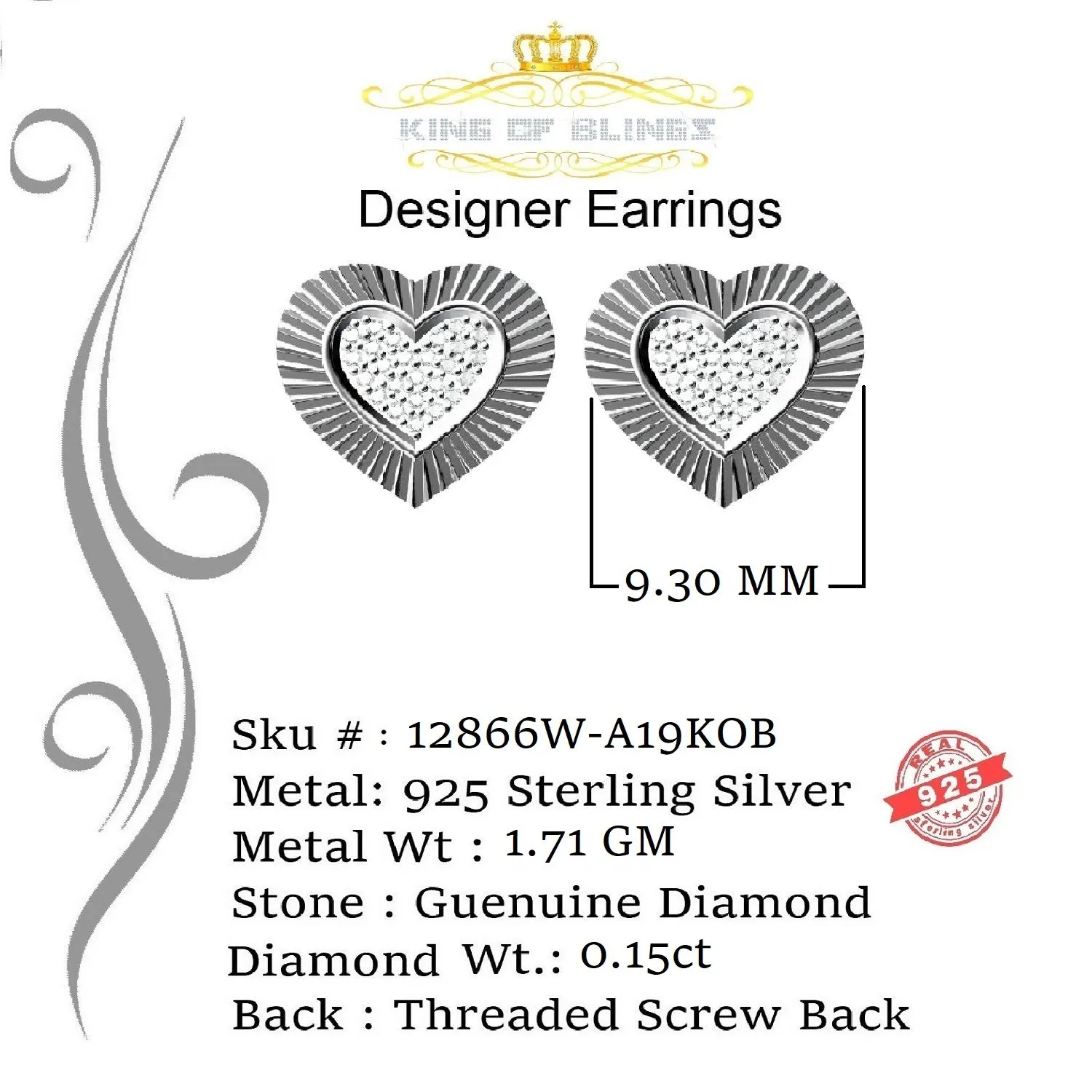 King Of Bling's Aretes Para Hombre Heart 925 White Silver 0.15ct Diamond Women's Stud Earring