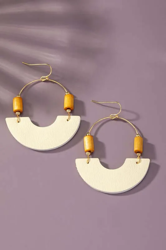 Leather and Metal Arch Earrings with Wood Bead
