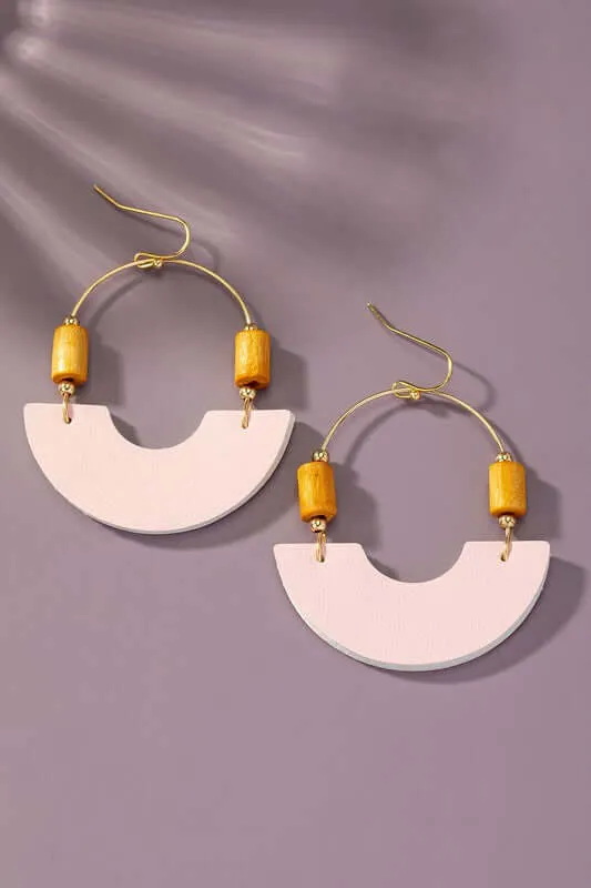Leather and Metal Arch Earrings with Wood Bead