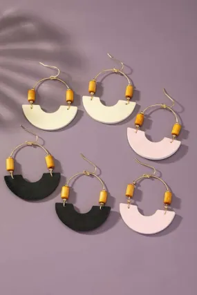 Leather and Metal Arch Earrings with Wood Bead