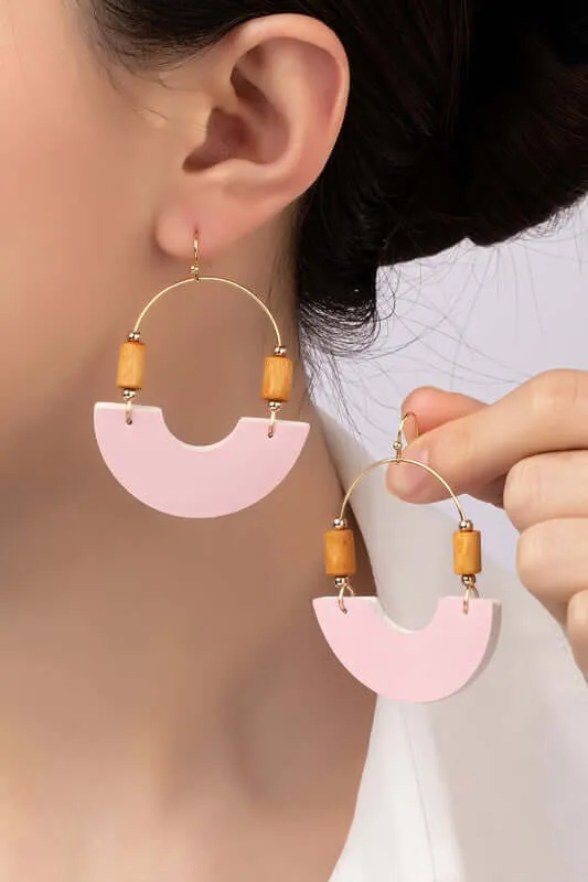 Leather and Metal Arch Earrings with Wood Bead
