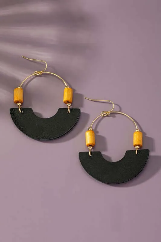 Leather and Metal Arch Earrings with Wood Bead