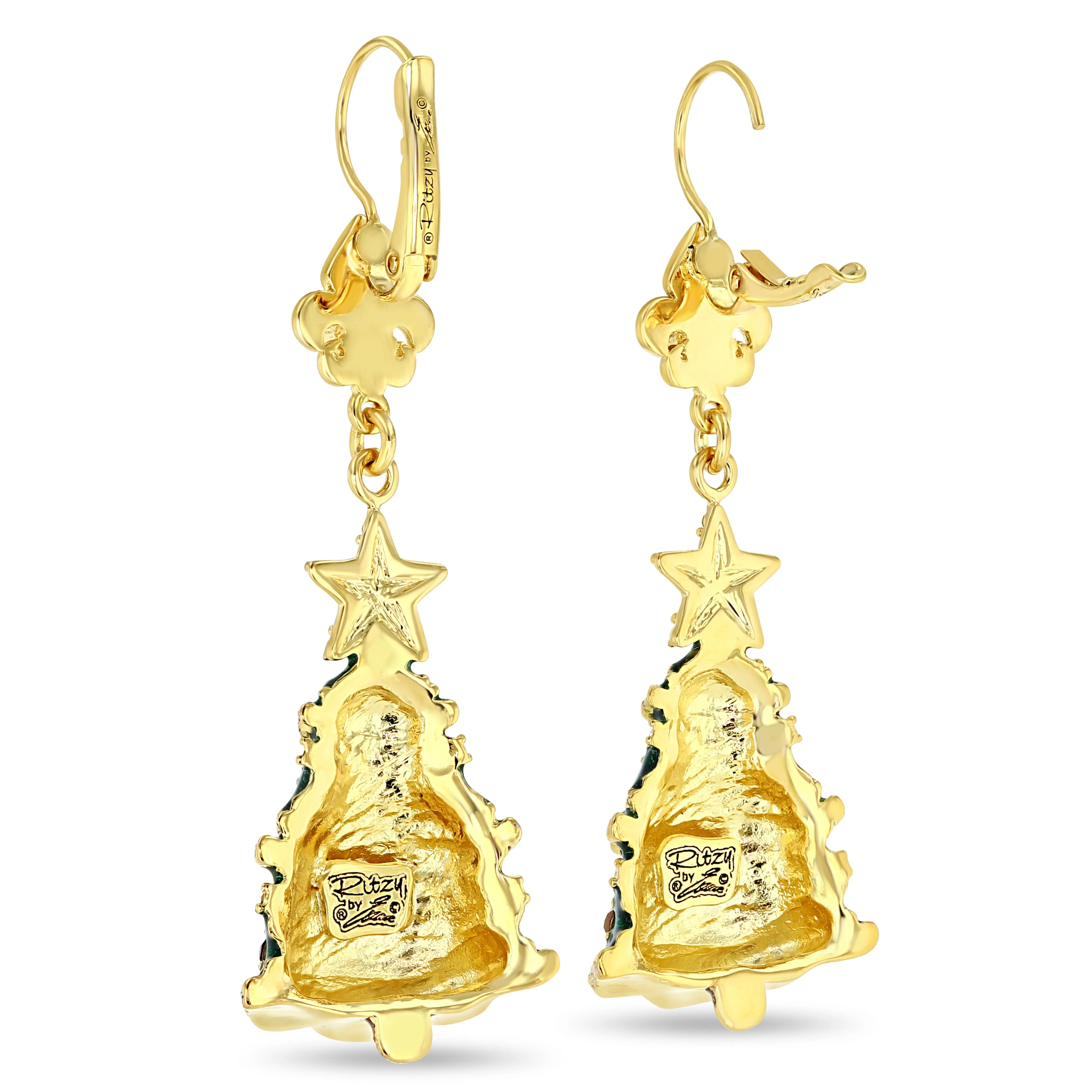 Leverback Christmas Tree Earrings by Ritzy Couture DeLuxe –22k Gold Plated Brass