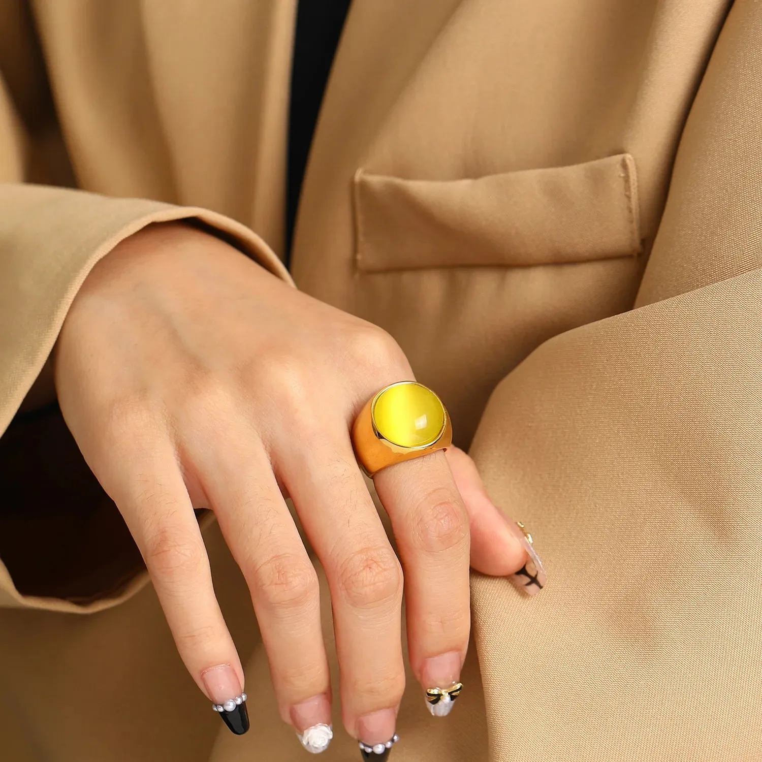MAYTRENDS  -  Trend Retro Colorful Resin Metal Stainless Steel Couple Opal Rings for Women Men Jewelry Gift