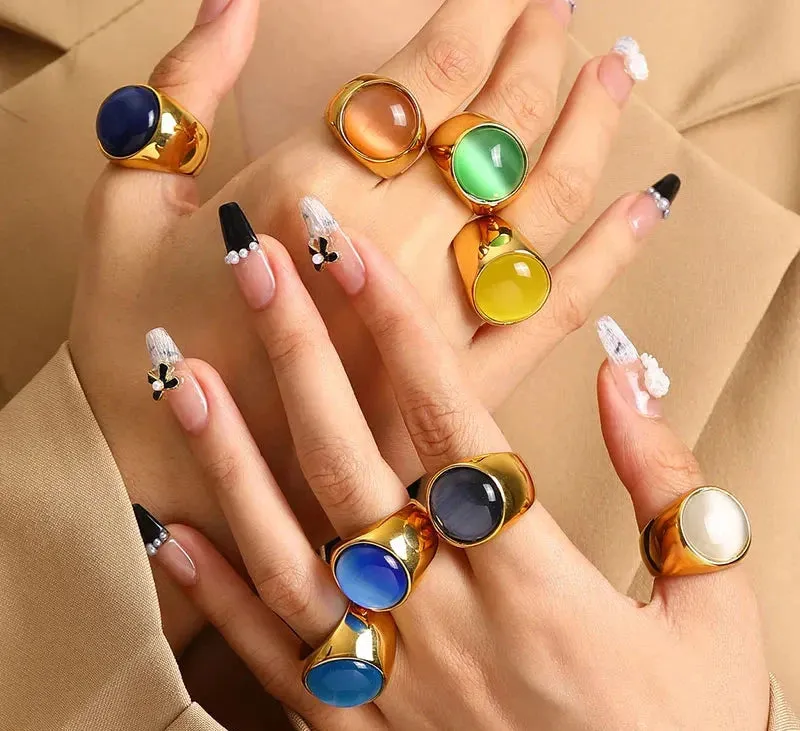 MAYTRENDS  -  Trend Retro Colorful Resin Metal Stainless Steel Couple Opal Rings for Women Men Jewelry Gift