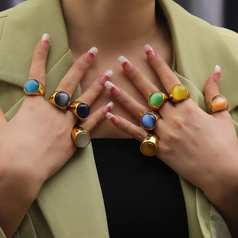 MAYTRENDS  -  Trend Retro Colorful Resin Metal Stainless Steel Couple Opal Rings for Women Men Jewelry Gift