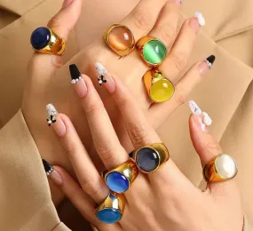 MAYTRENDS  -  Trend Retro Colorful Resin Metal Stainless Steel Couple Opal Rings for Women Men Jewelry Gift