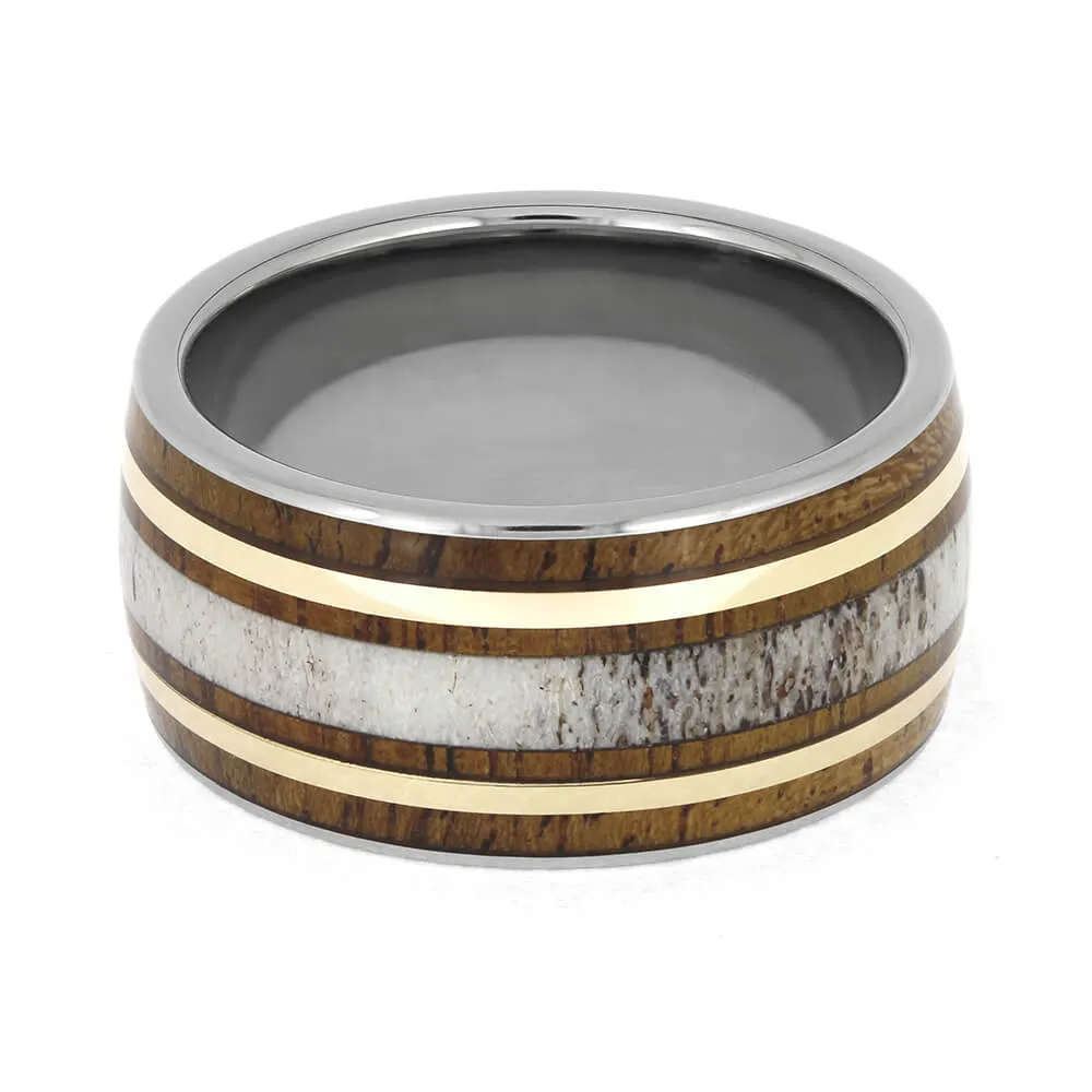 Men's Antler Wedding Band with Hardwood and Gold Pinstripes