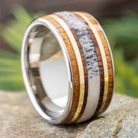 Men's Antler Wedding Band with Hardwood and Gold Pinstripes