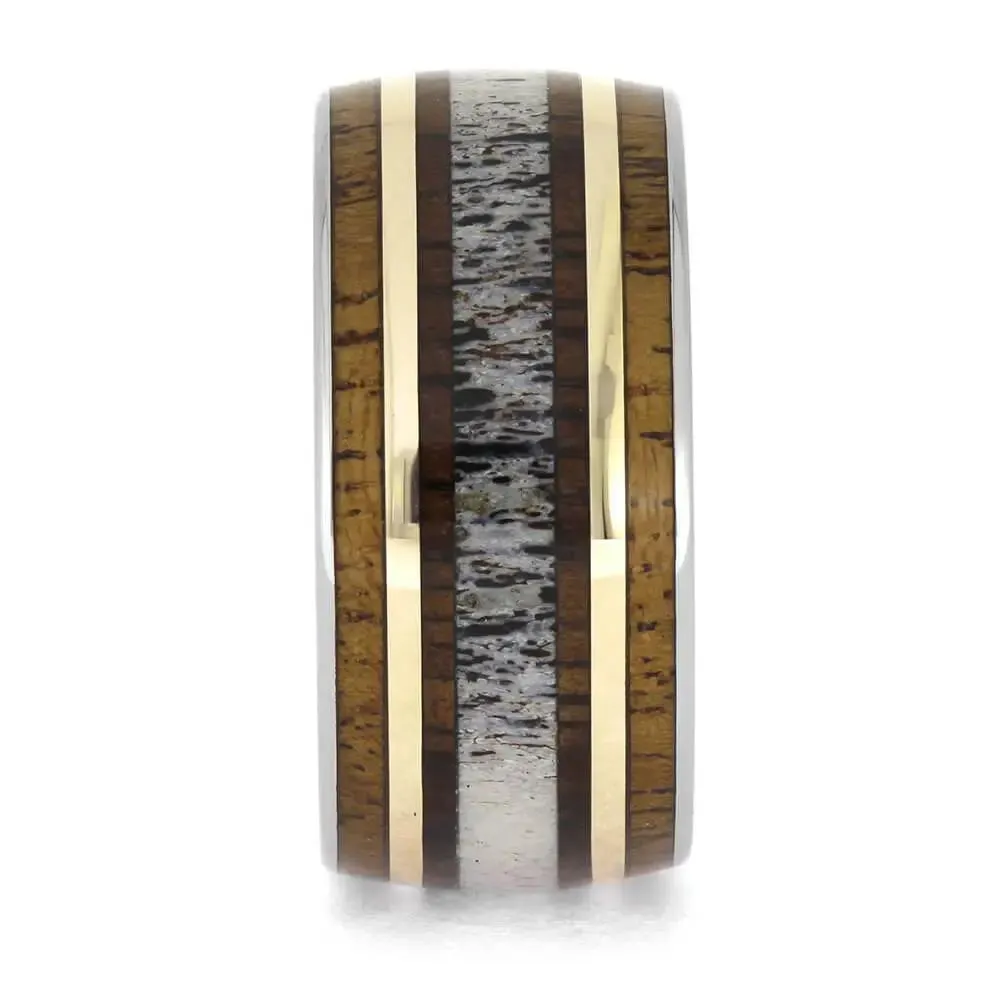 Men's Antler Wedding Band with Hardwood and Gold Pinstripes